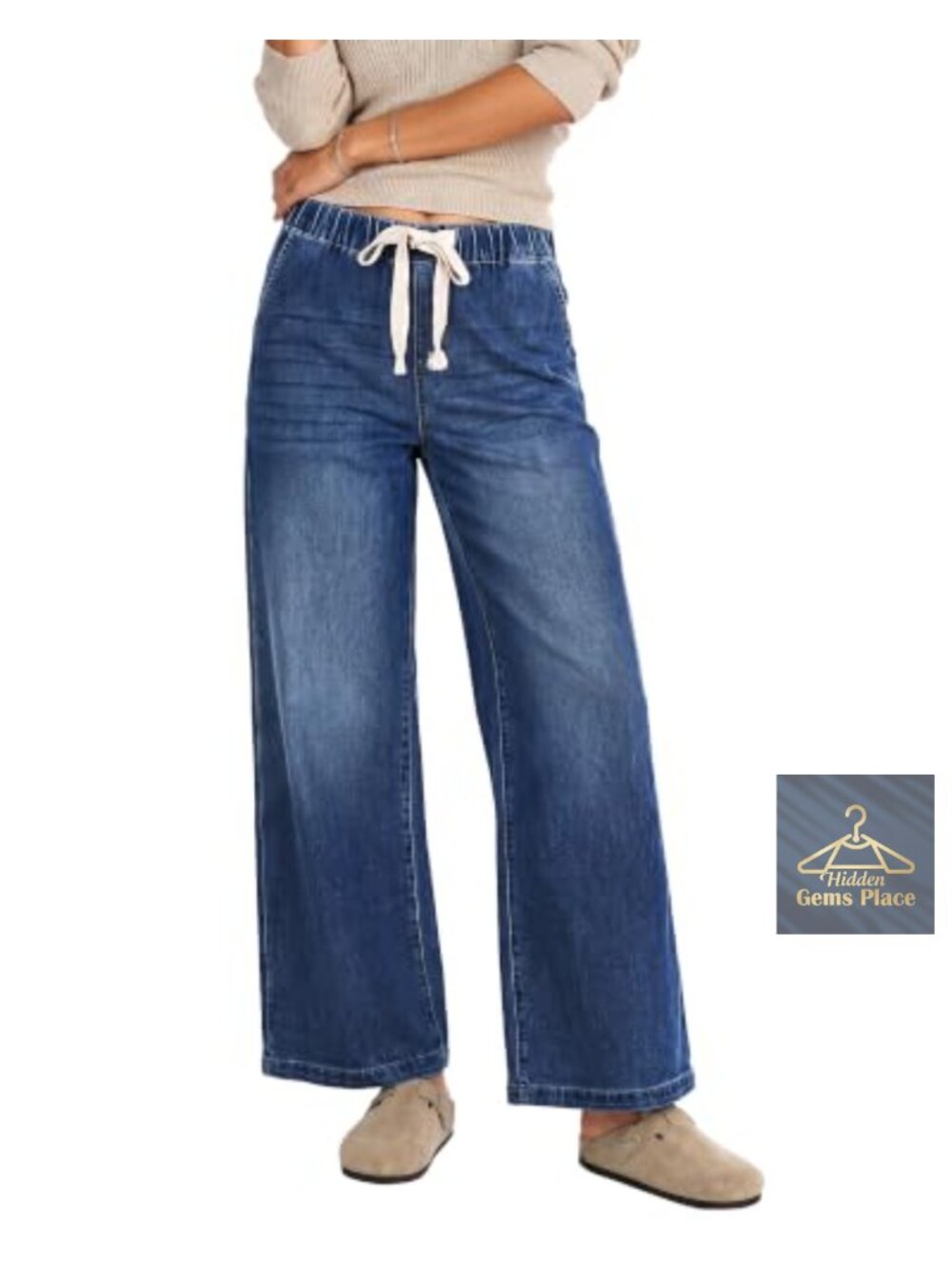 Wide Leg Jeans Elastic Waist Drawstring Denim Pants